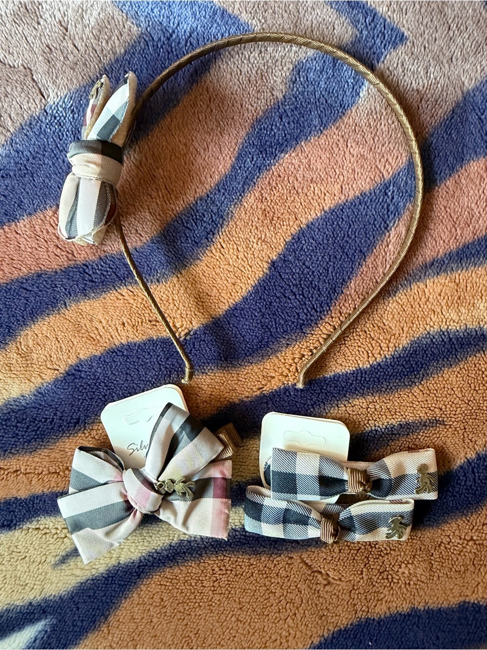 Burberry Beige Black Pink Plaid Bow Headband and Clips Set